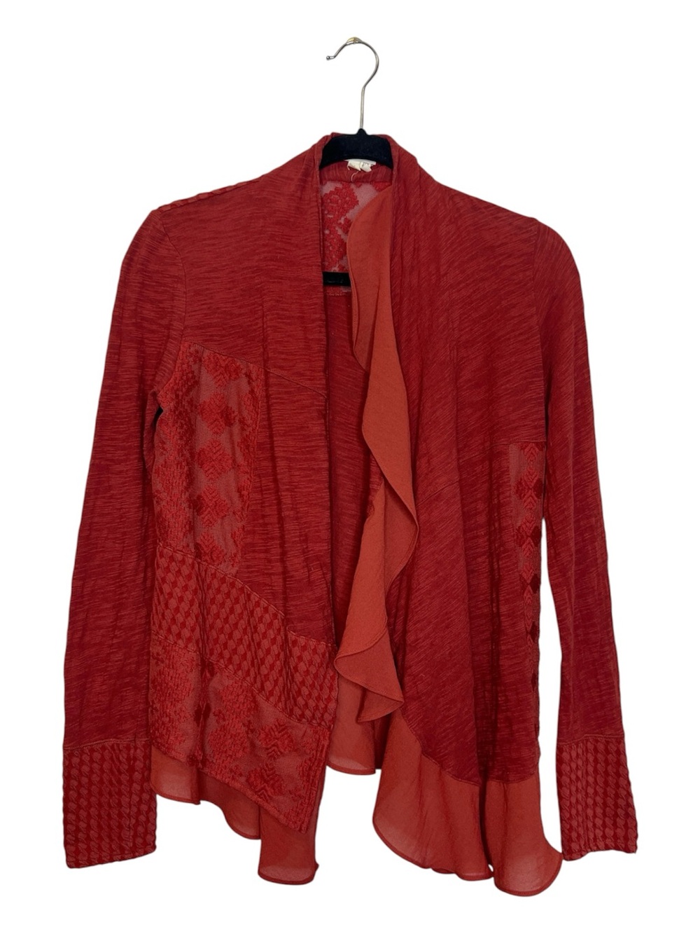 Anthropologie Meadow Rue Mixed Fabric Patchwork Asymmetric Open Front Cardigan